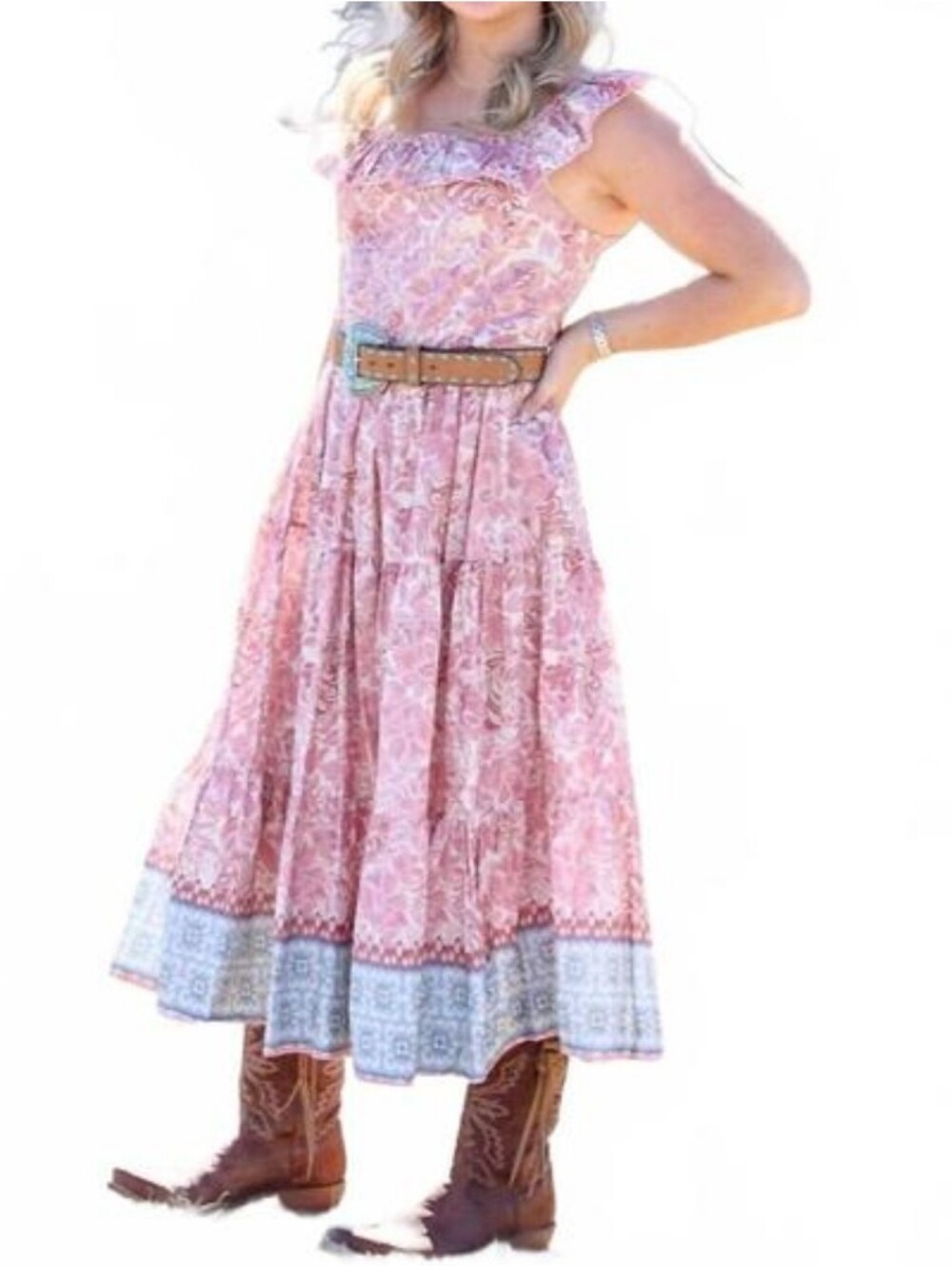 SCANDAL ITALY Meredith Ruffle Dress Pink Floral Womens Large NWT Prairie Western